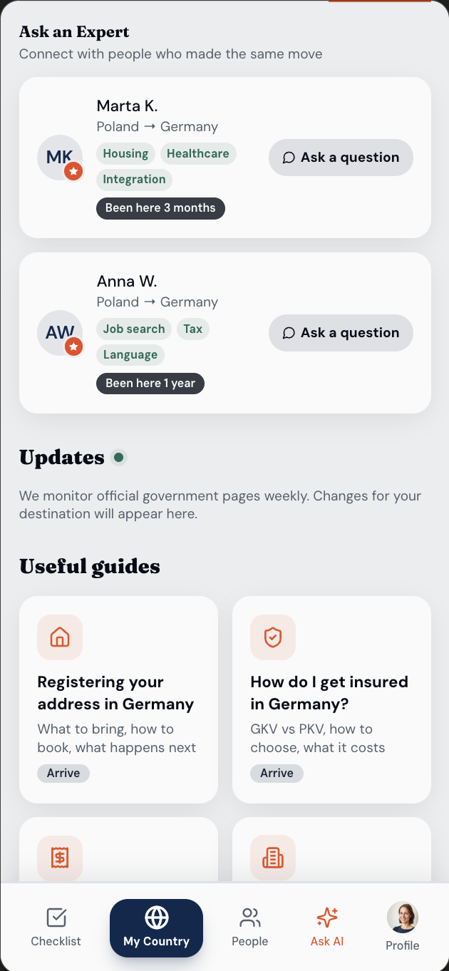 Verified expert profiles matched to the user's relocation route
