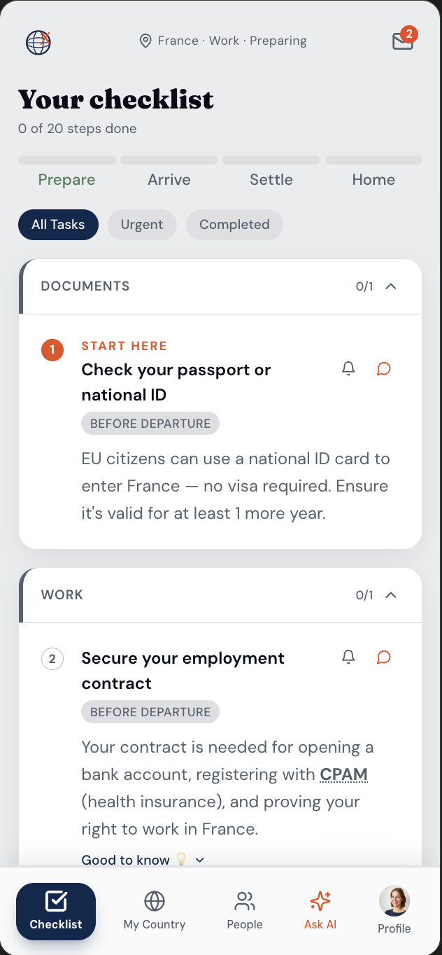 The New Neighbor checklist screen showing personalised relocation tasks